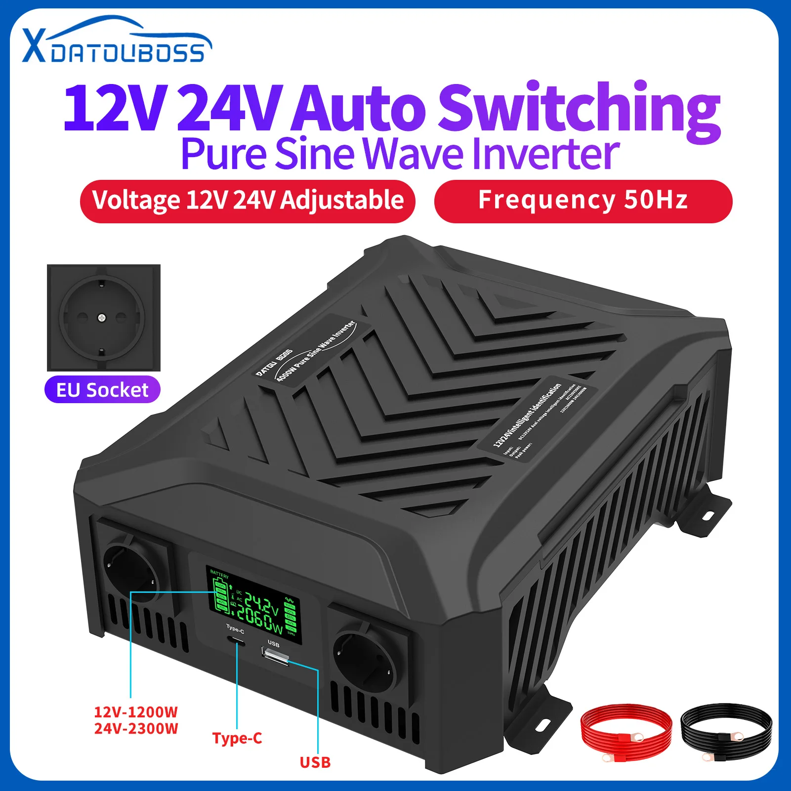 DATOU BOSS reiner Sinus-Wechselrichter, 12 V, 24 V, 1200 W, 2300 W, zwei Spannungen, unterstützt DC-Wechselstrom-Wechselrichter, 12 V auf 220 V, EU-Spitzenleistung 4000 W