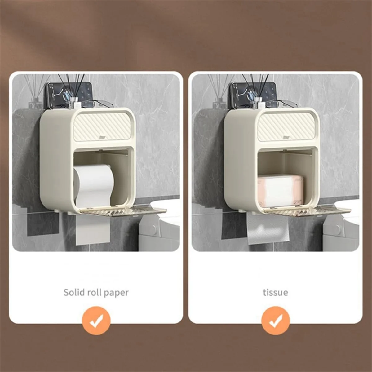 Waterproof Roll Toilet Paper Holder with Storage Wall Mounted, Adhesive Tissue Storage Box with Shelf for Bathroom