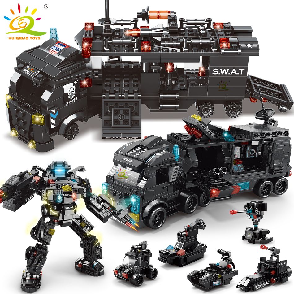 HUIQIBAO 454-585PCS 8in1 SWAT Polizei Befehl Lkw Bausteine Stadt Hubschrauber Bricks Kit Pädagogisches Spielzeug für Kinder