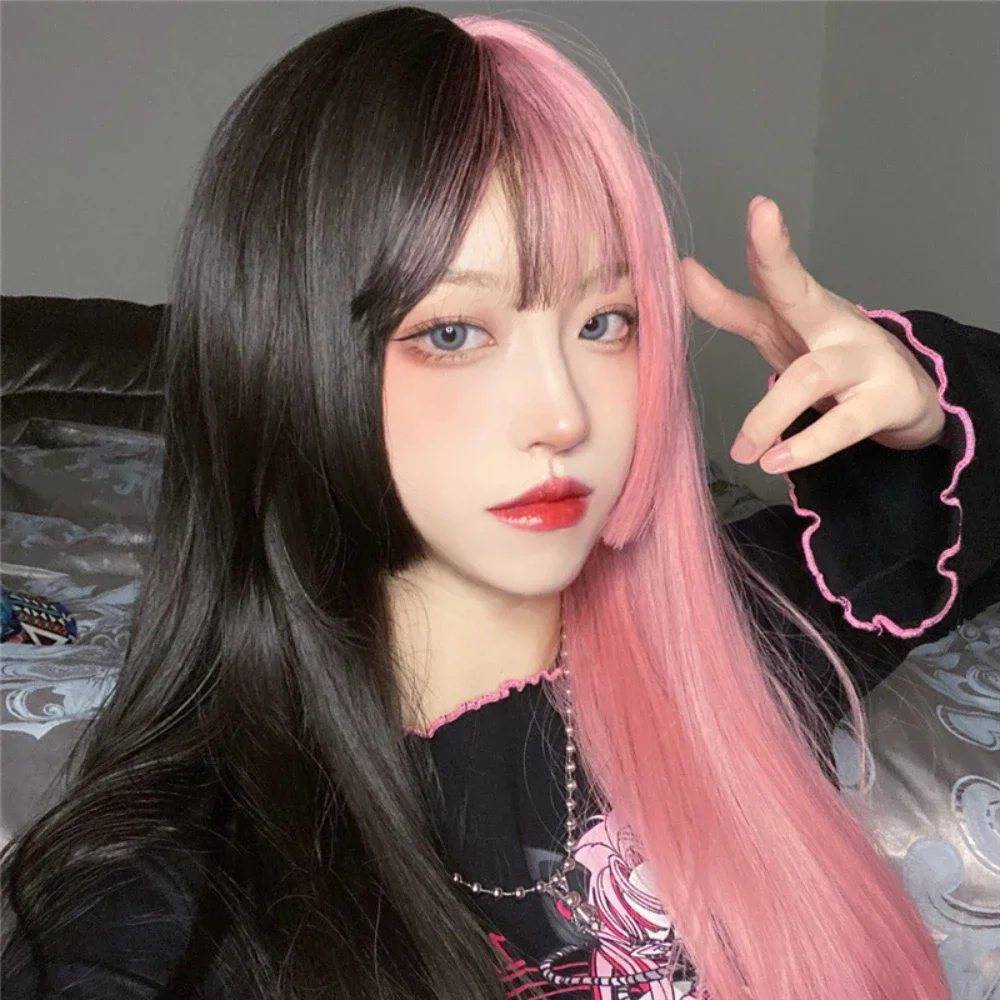 Longo reto cosplay peruca sintética feminino traje festa preto rosa ombre resistente ao calor perucas de cabelo sintético princesa cortes franja