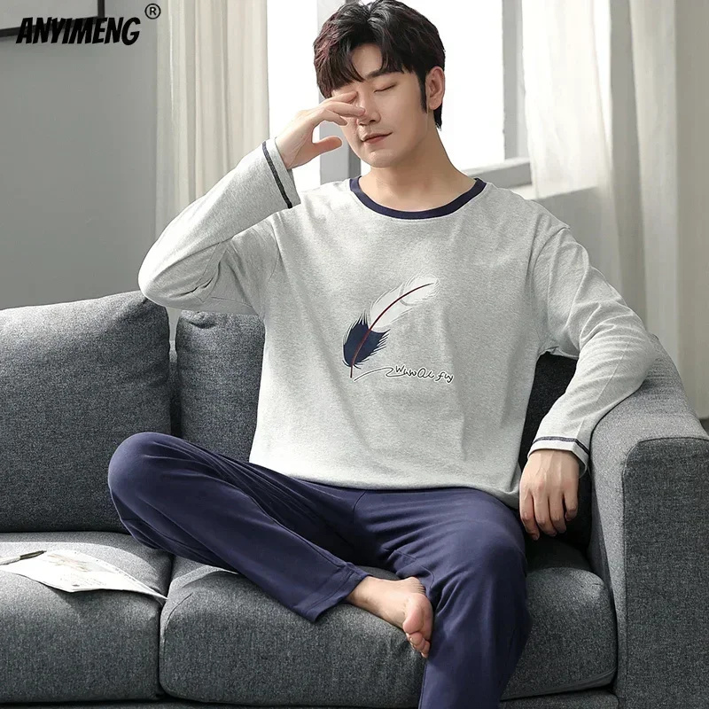 Conjunto de Pijama de algodón de talla grande para hombre, ropa de dormir informal de punto con cuello redondo, sólido, 4XL, Otoño e Invierno