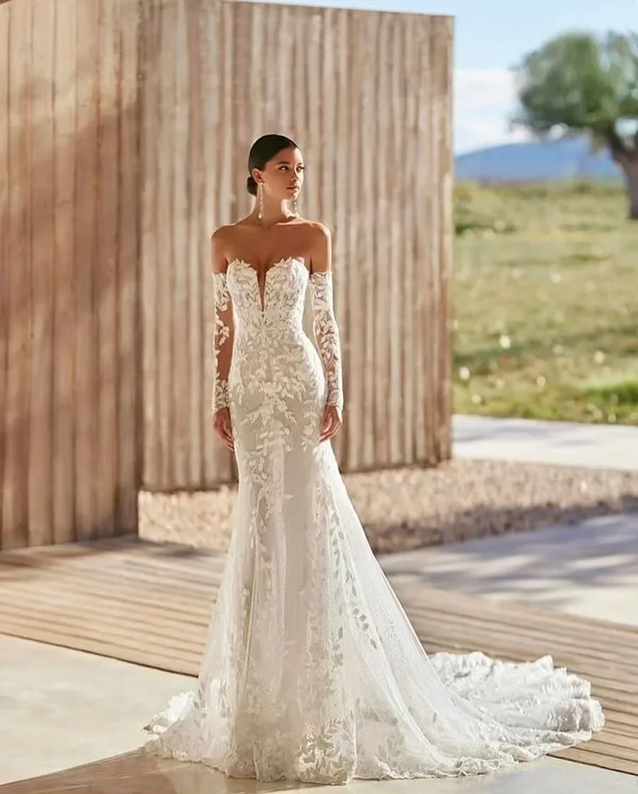 Abiti da sposa eleganti personalizzati con applicazioni in pizzo a sirena per la sposa 2025 maniche lunghe staccabili Sweetheart Vestido de novia