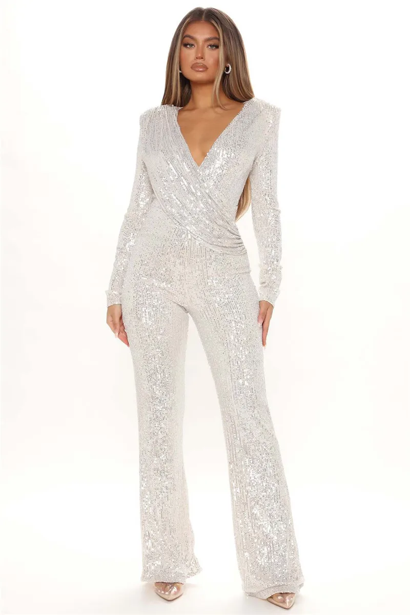 Neue Mode Pailletten Overall Für Frauen Langarm V-ausschnitt Drapierte Herbst Winter Strampler Berühmtheit Abend Party Club Insgesamt