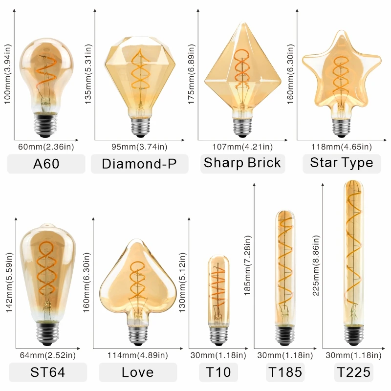 Retro LED Xoắn Ốc Dây Tóc Bóng E14 E27 4W Màu Vàng Ấm Áp 220V C35 A60 T45 ST64 T10 T185 t225 G80 G95 G125 Vintage Edison Đèn