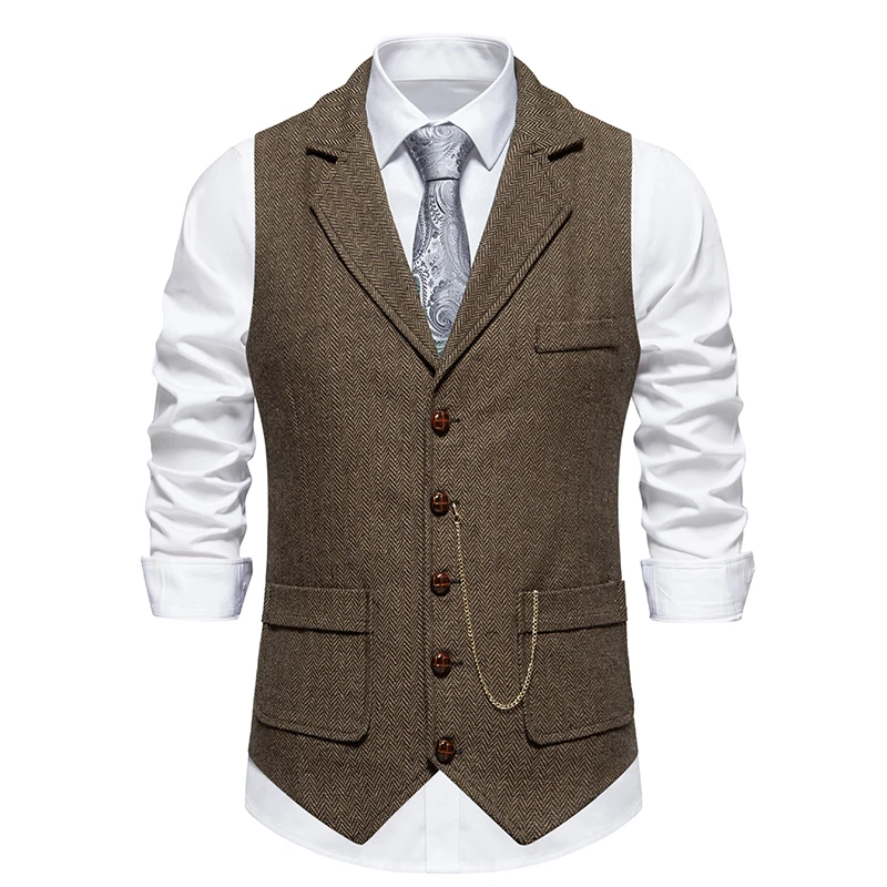 Herren Retro Revers Kette Weste Mode Fischgräten Grob Tweed Taschen Anzug Weste Britischen Casual Vintage Gentleman Freizeit Party