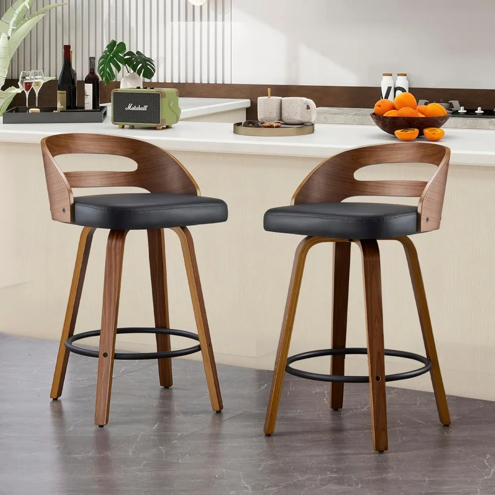 Swivel Bar Stools,Counter Height Chairs with Walnut Wood Frame Leather, Low Back, Footrest & Easy-Clean Design for Kitchen, Bar