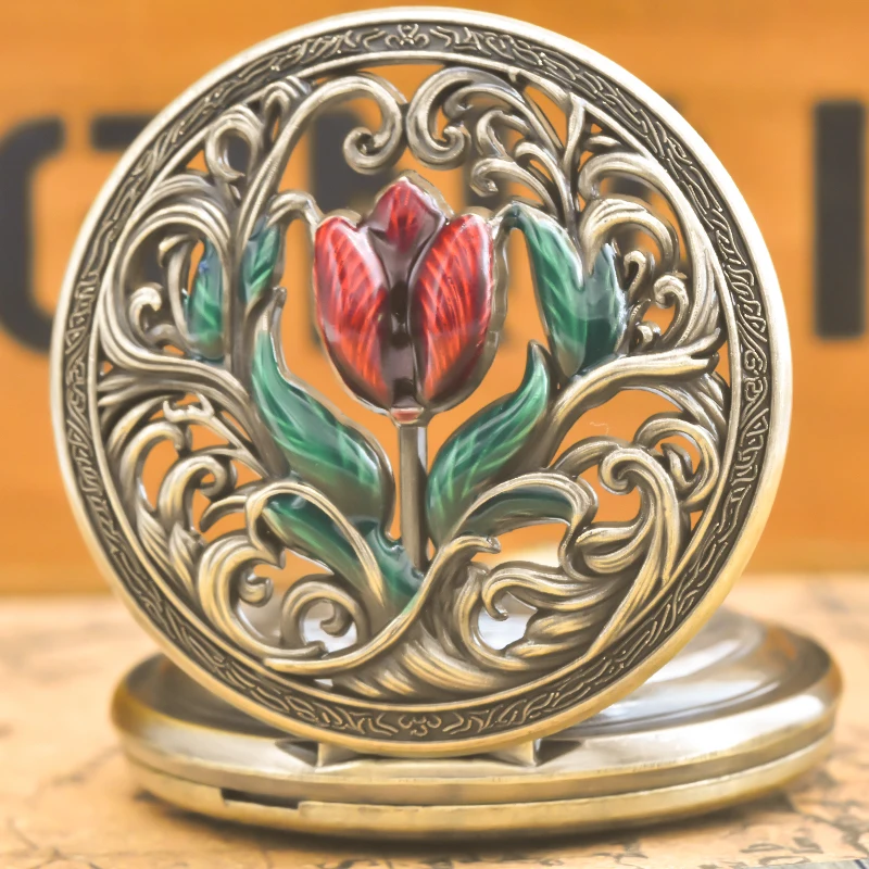 Retro Bronze Steampunk Blumenschnitzerei Flip-Top männliche und weibliche Studentin Geschenk Quarz Halskette Gedenktaschenuhr