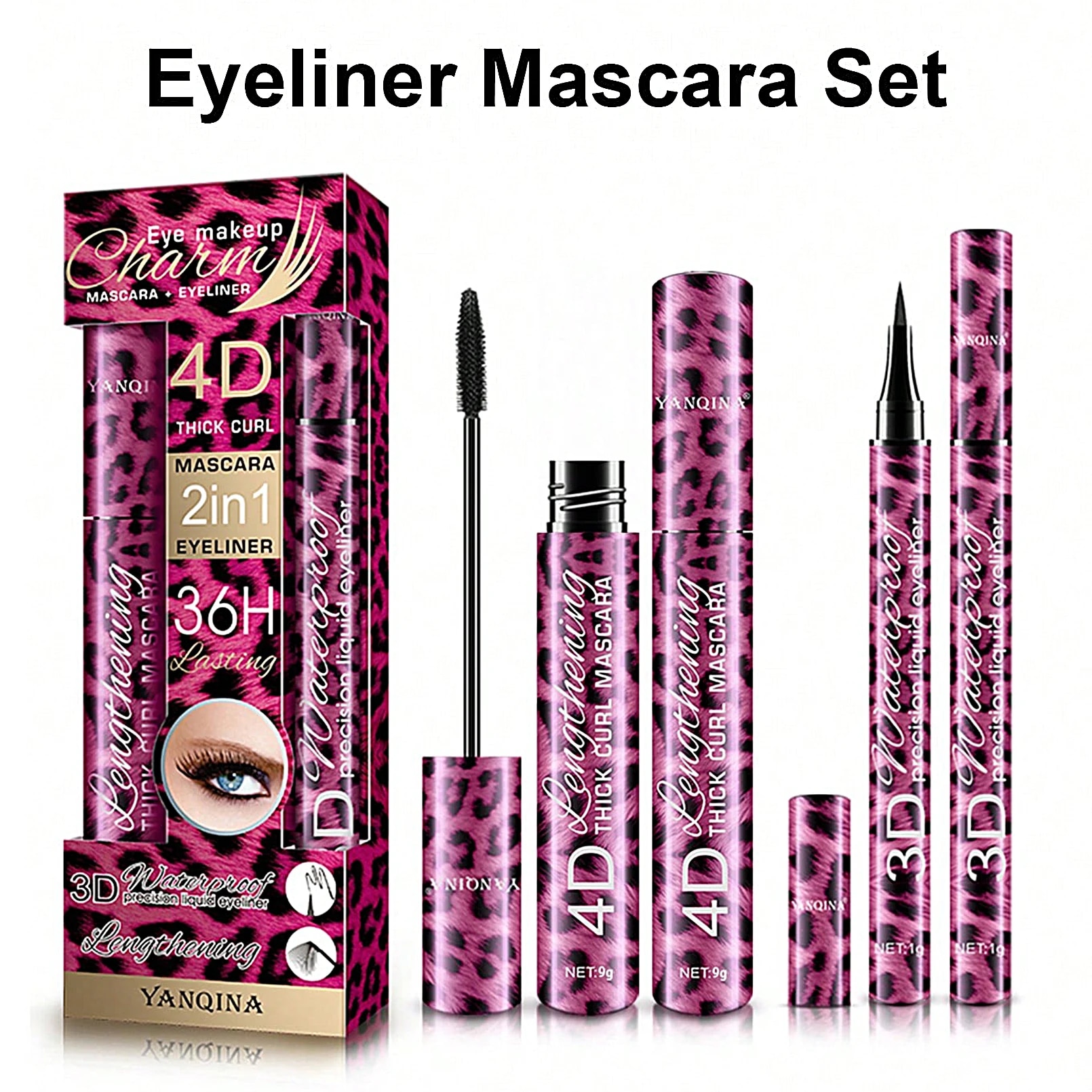 YANQINA-Lápis Delineador Líquido, 4D Waterproof Mascara Set, Eye Liner, Curling Grosso, Lápis de sobrancelha, Maquiagem Olhos, Cosméticos