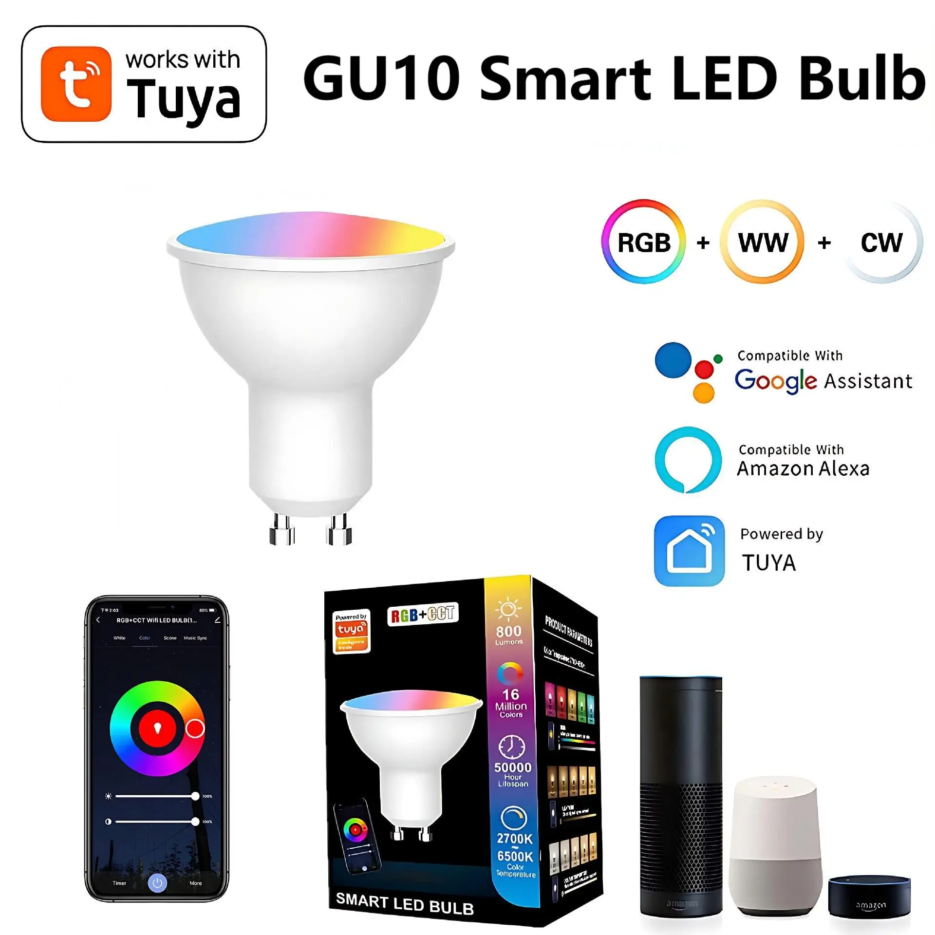 Żarówka LED GU10 Tuya WiFi 110V 220V 5/7/9W RGB Ściemnialna Reflektor Inteligentne Światło APP Współpracuje z Alexa Google Home Ochrona Oczu