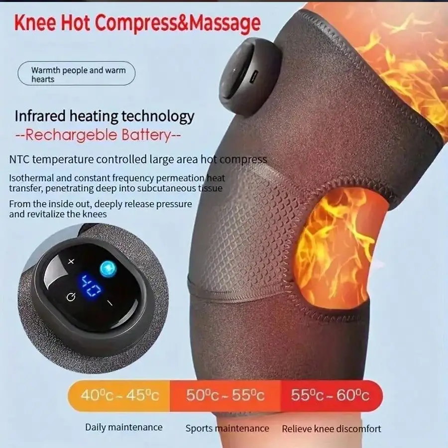 Almofada de massagem de joelho aquecida e vibratória, botão inteligente, vários níveis ajustáveis, display LED