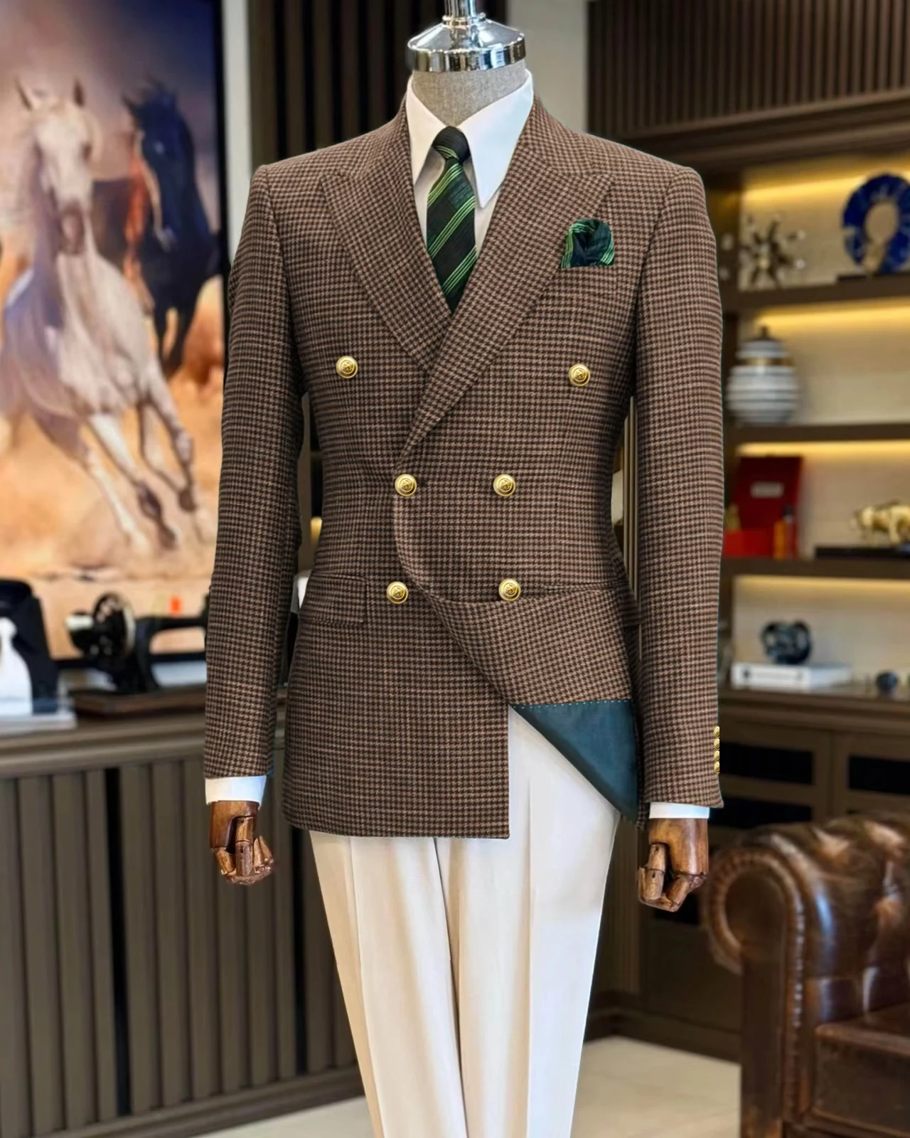 Blazer masculino terno azul marinho houndstooth pico lapela duplo breasted negócios fino ajuste grade homem ternos jaqueta formal festa smoking
