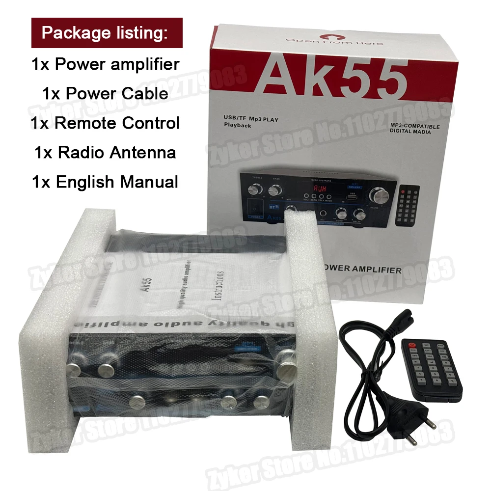 AK55 HiFi Digital Amplifier Max Power 90Wx2 Channel 2.0 Bluetooth Surround Sound AMP Speaker for Home Car BT 5.0 Audio Amplifier