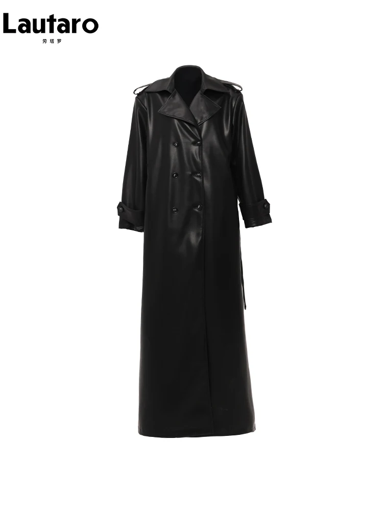 Lautaro-gabardina extralarga de cuero Pu para mujer, abrigo negro suave con doble botonadura, holgado, informal, moda coreana, primavera y otoño, 2024
