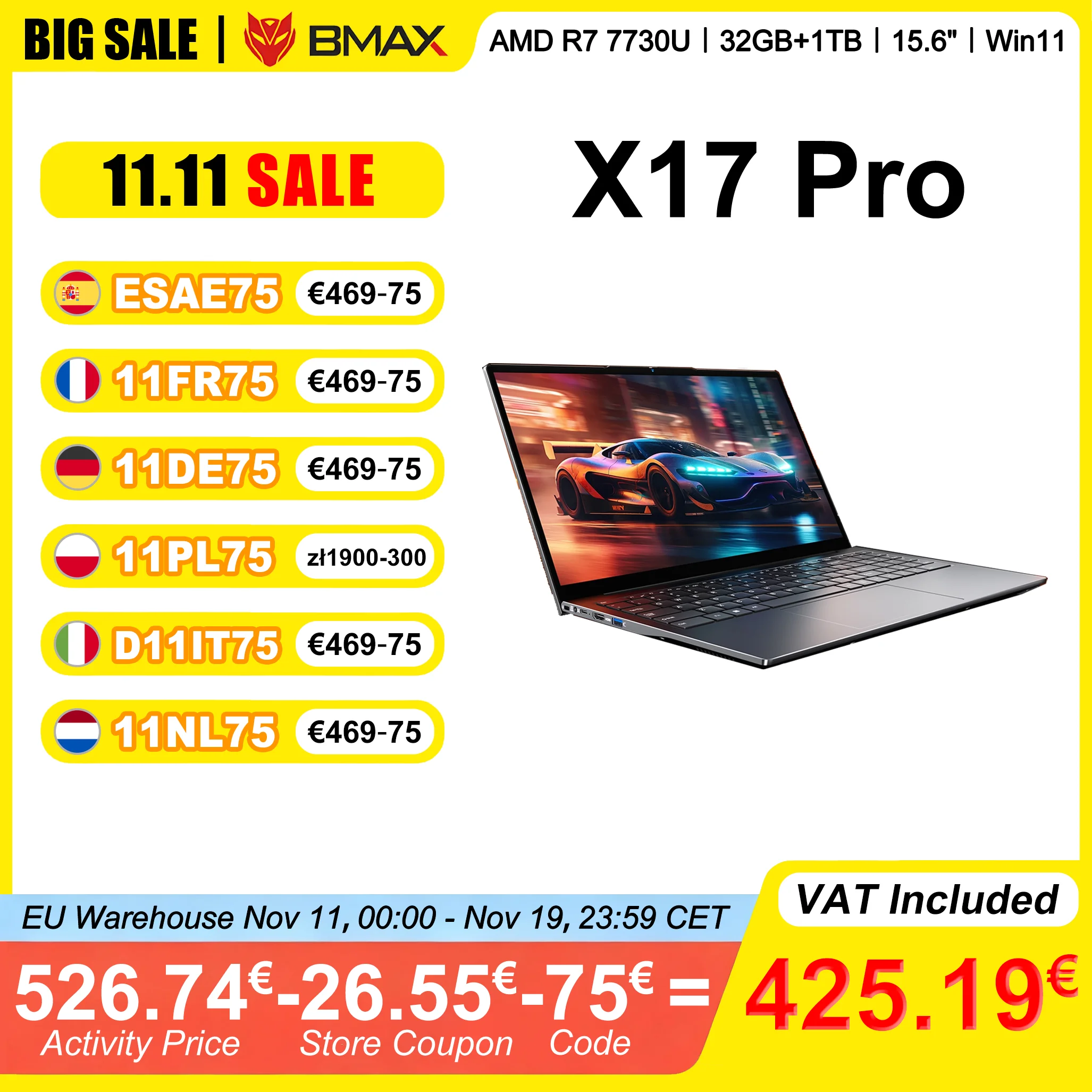 Laptop BMAX X17 Pro 15,6 cala Full HD 32 GB RAM 1 TB SSD AMD Ryzen 7 7730U Windows 11 Notebook do gier i biznesu BT WiFi Type-C