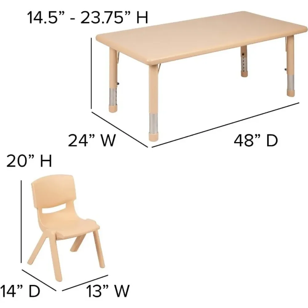 Adjustable Classroom Activity Table with 6 Stackable Chairs, Rectangular Plastic Activity Table for Kids, 24" W x 48" L, Natural