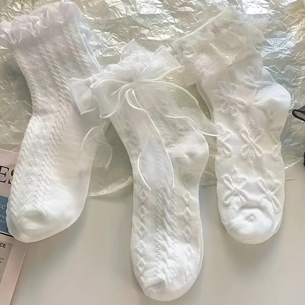 6 pares de calcetines de mujer sólido negro blanco Lolita encaje volantes calcetines verano fino estilo japonés Kawaii dulce niñas calcetines cortos