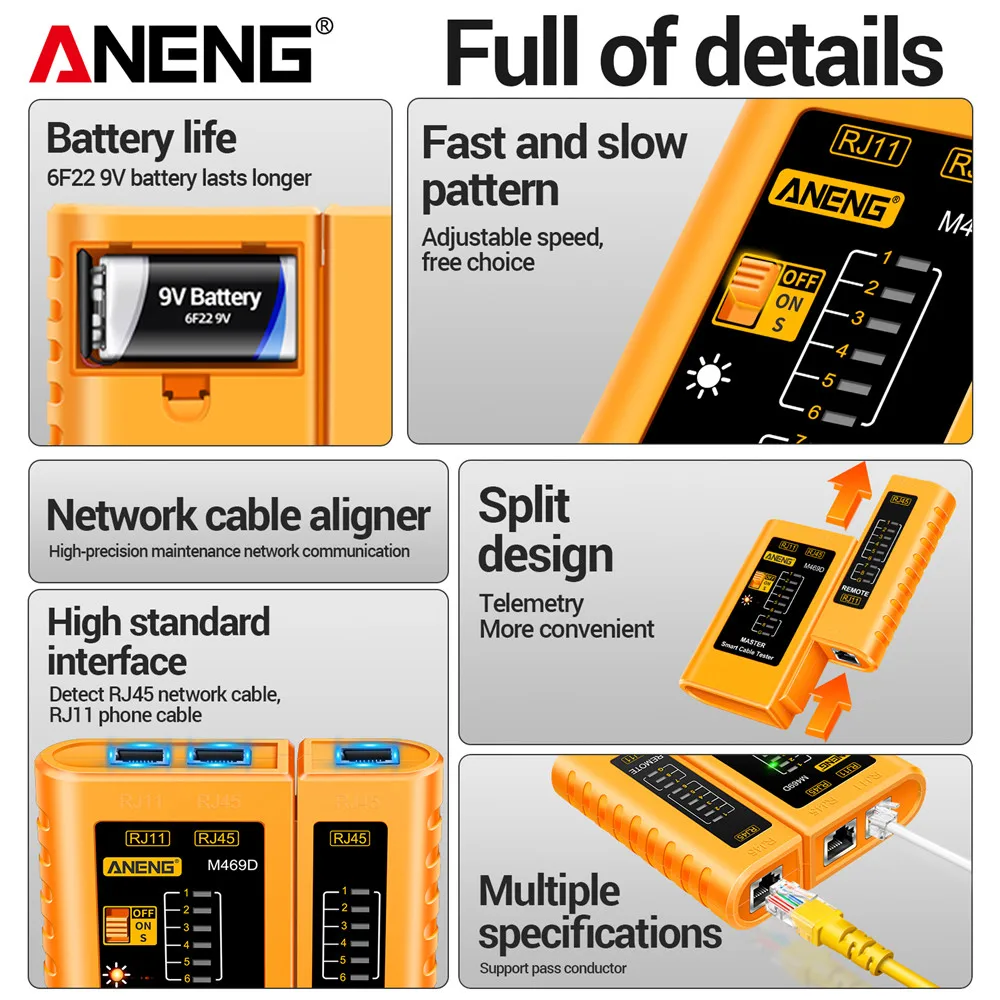 Professional เครื่องวิเคราะห์เครือข่ายเครื่องทดสอบ M469D สาย LAN RJ45 RJ11 RJ12 CAT5 UTP LAN เครื่องทดสอบสายเคเบิลเครือข่ายเครื่องมือเครือข่ายซ่อมเกินไป
