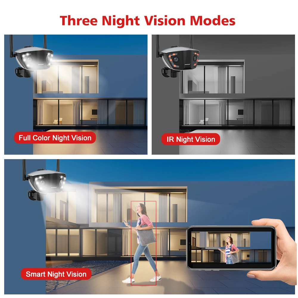 Cámara de vigilancia Wifi para exteriores 4MP 4G POE lente dual 180 °   Aplicación Camhipro de cámara de seguridad de visión nocturna en color ultraancho angular