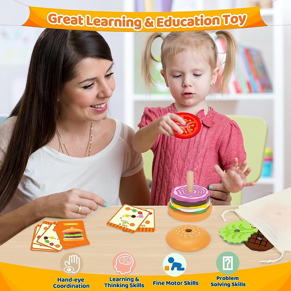 Montessori ไม้เบอร์เกอร์ซ้อนของเล่นสําหรับเด็กวัยหัดเดินเด็กก่อนวัยเรียนการเรียนรู้ของเล่นเพื่อการศึกษา Fine Motor Skill ของเล่นของขวัญ