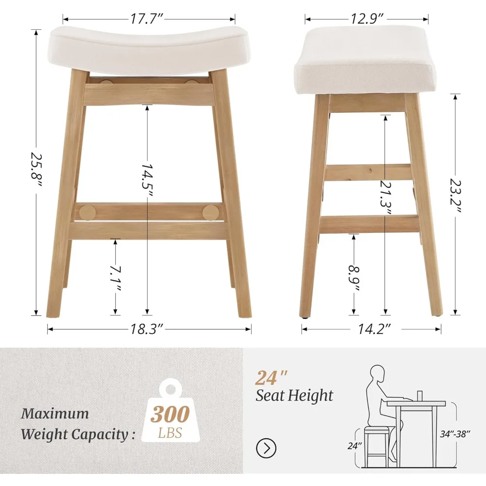 Bar Stools Set of 3, Barstools with Sturdy Wood Legs, Saddle Seat Counter Height Bar Stools 24 Inch Farmhouse Counter Stools
