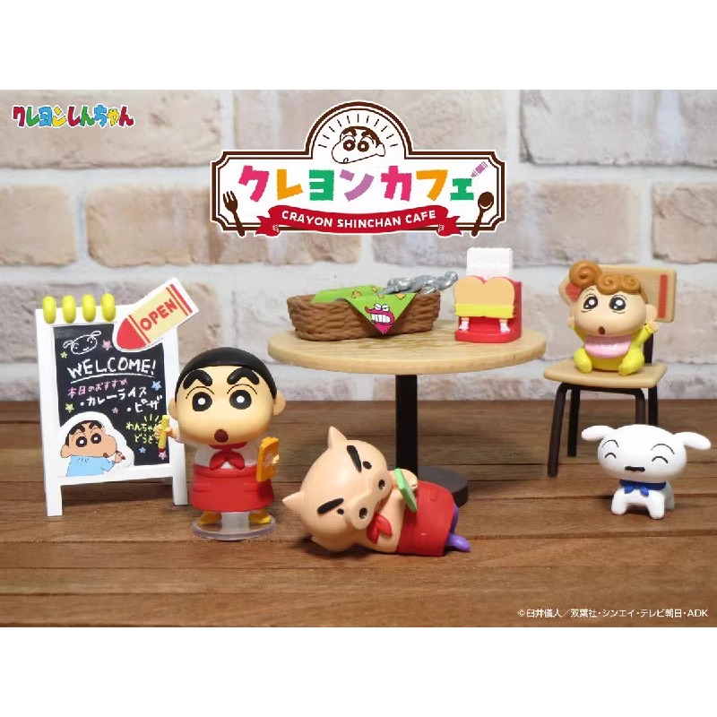 Figuras dos desenhos animados lápis shinchan em miniatura café sobremesa tarde chá cena adereços caixa cega ornamentos de mesa crianças presentes aniversário