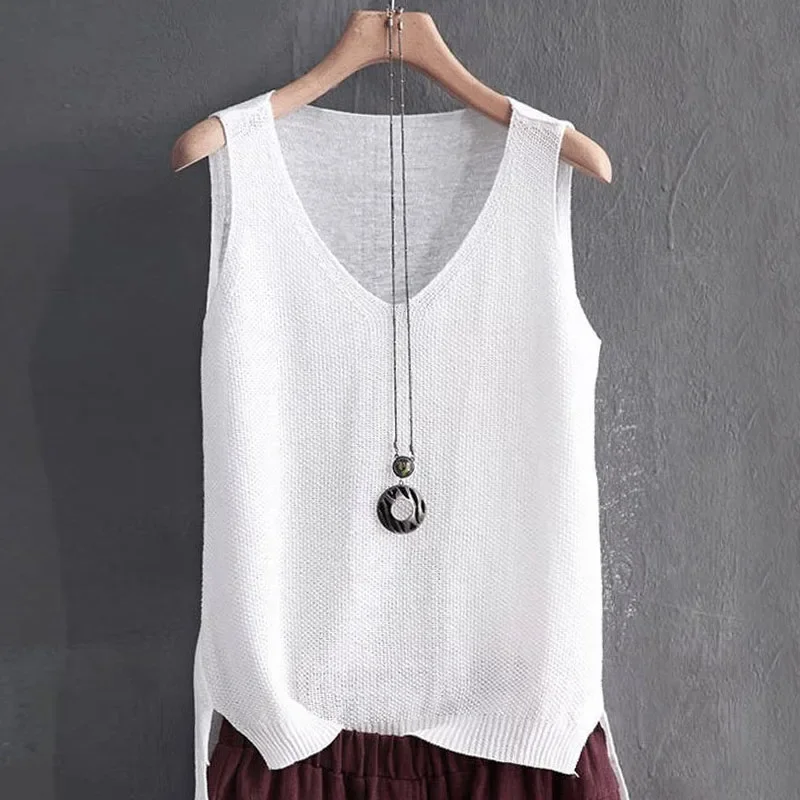 Camisola de verão colete para mulheres solto-ajuste com decote em v sem mangas de malha regata feminina casual roupa de praia