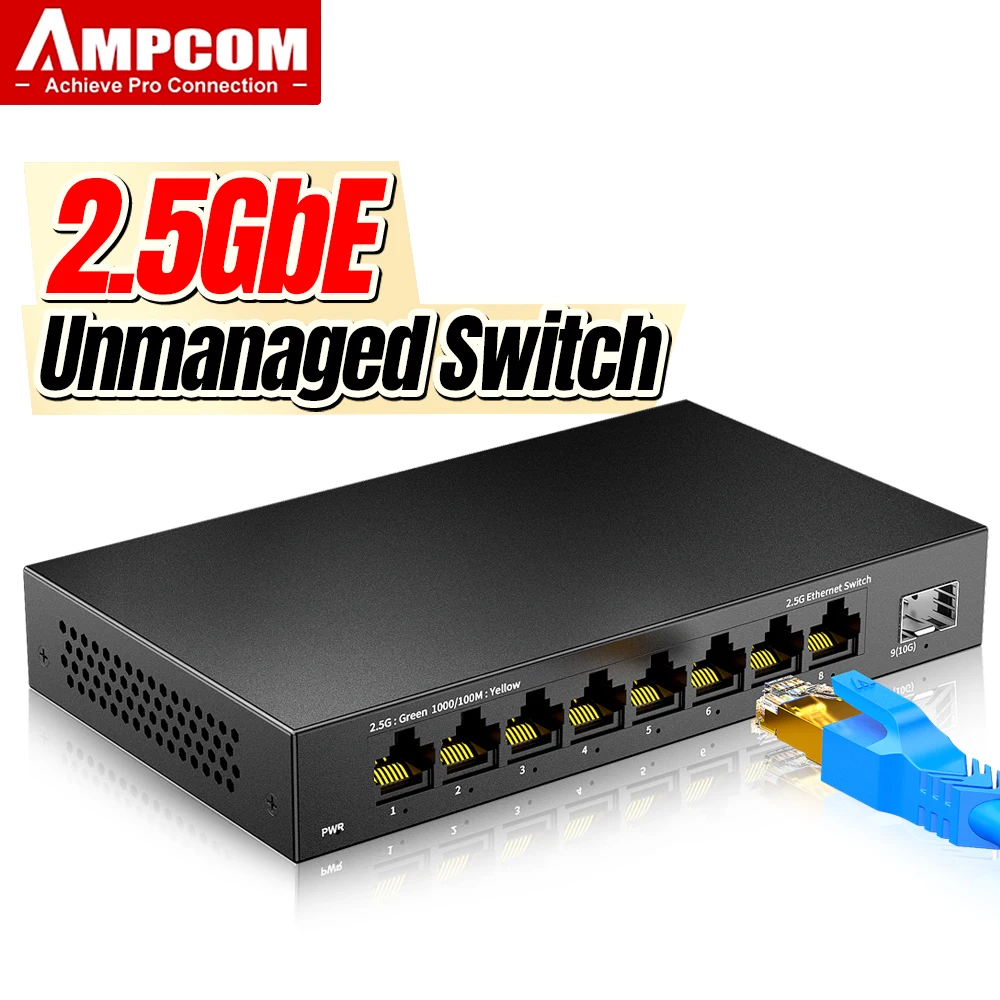 AMPCOM 8-Port 2,5-Gigabit-Ethernet-Switch, nicht verwaltet mit 10G SFP, kompatibel mit 10/100/1000 Mbit/s, lüfterlosem Metall-Netzwerk-Switch