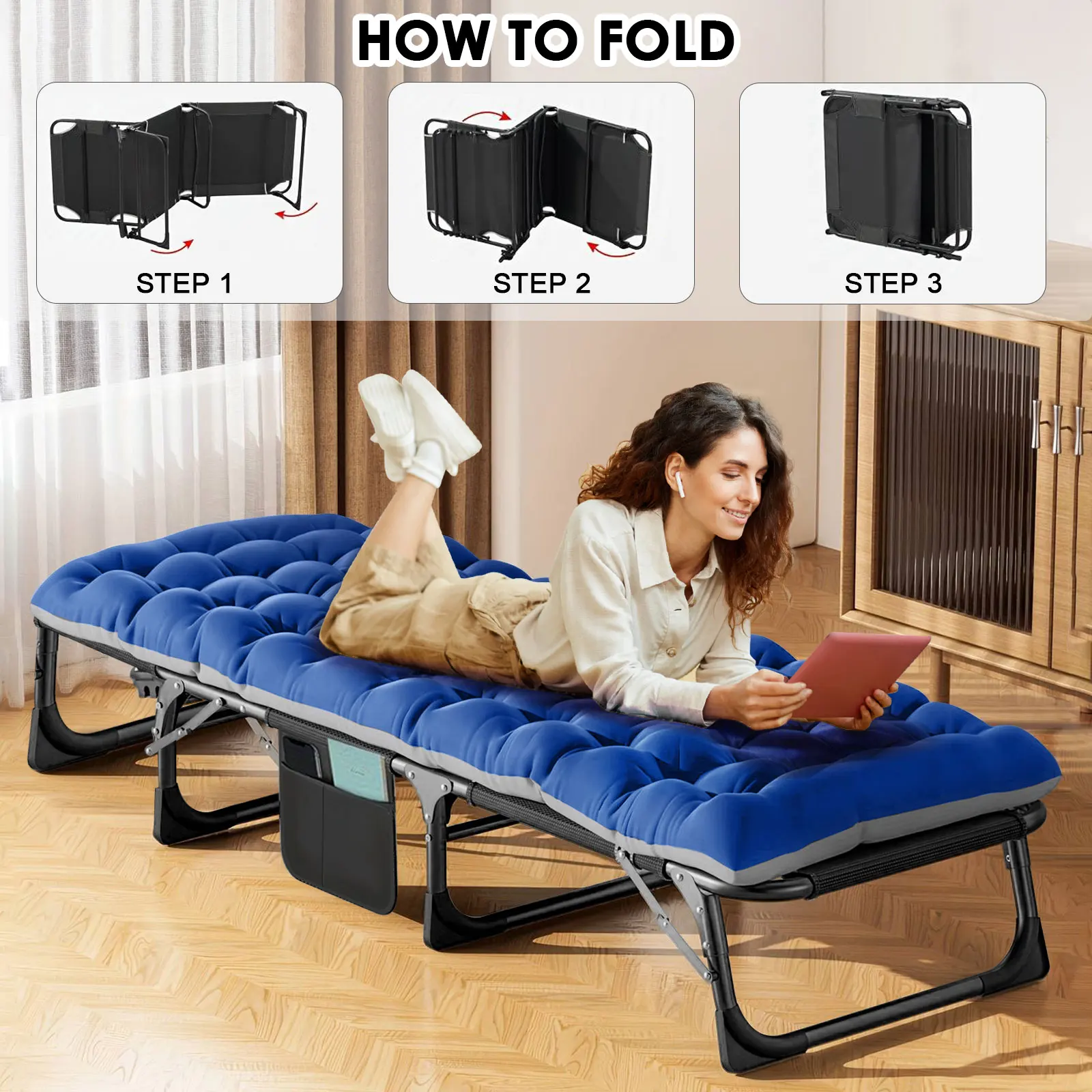 Berço de acampamento portátil com colchão removível, camada dupla 600d, berço de acampamento resistente com travesseiro, 4 posições reclináveis