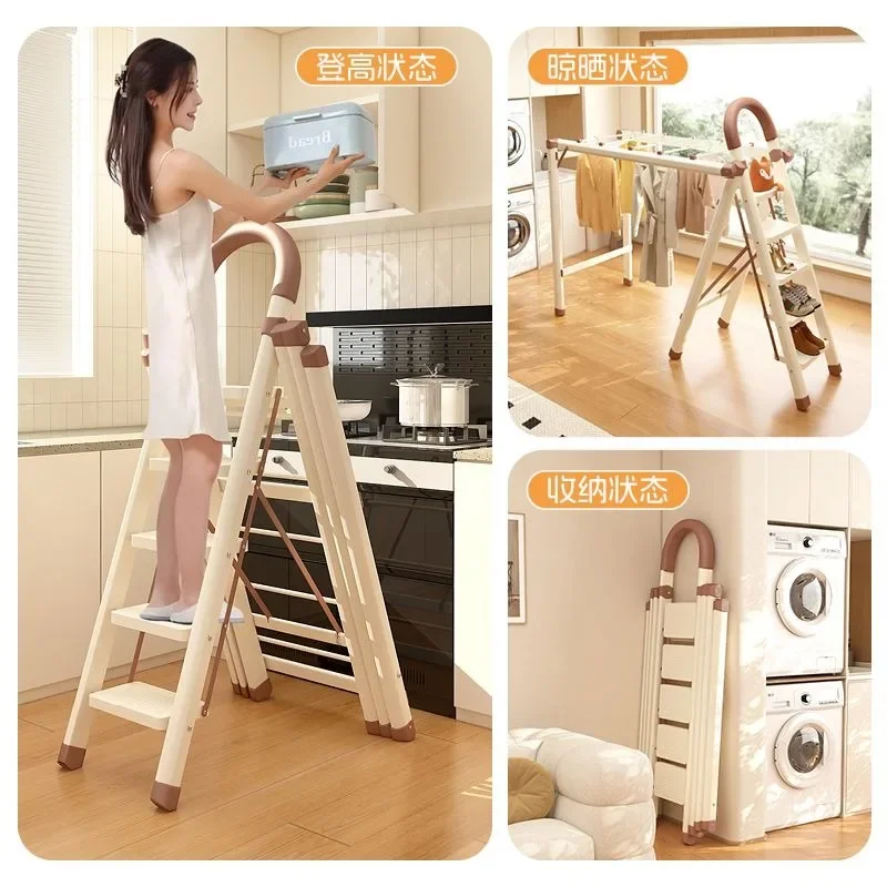 บันไดมัลติฟังก์ชั่นสามารถแห้งเสื้อผ้าในครัวเรือน Drying Rack หนาพับในร่ม Retractable Herringbone บันไดคาร์บอน