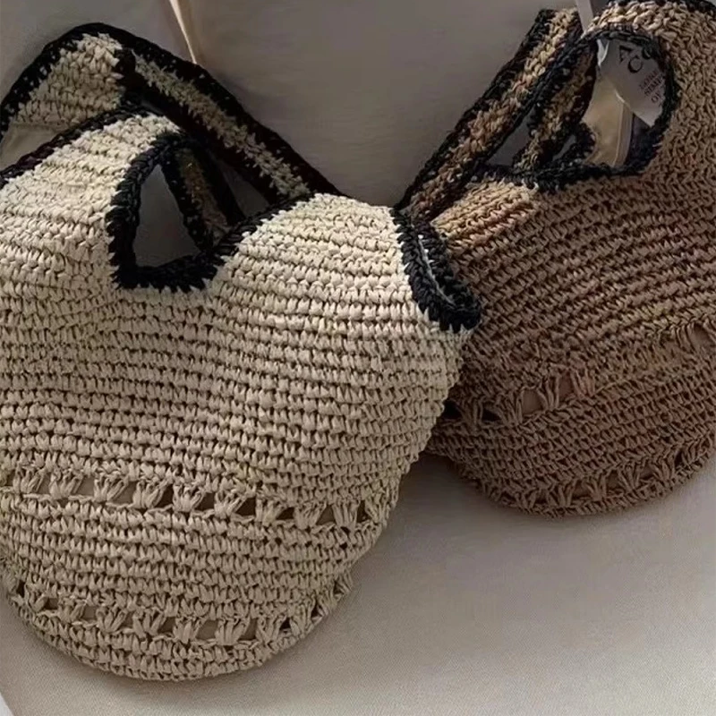 Torba ze słomy o dużej pojemności dla kobiet, tkana, modna, ręcznie robiona torba na ramię w stylu boho, ekskluzywna torba plażowa na wakacje nad morzem.