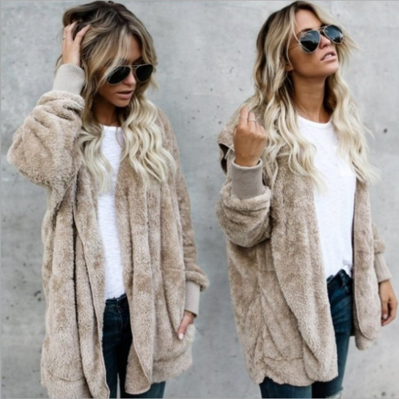 Herbst Winter Doppel Fleece Strickjacke Jacke Frauen Einfarbig Langarm Plüsch Warme Mit Kapuze Dame Jacke Übergroßen Oberbekleidung Mantel