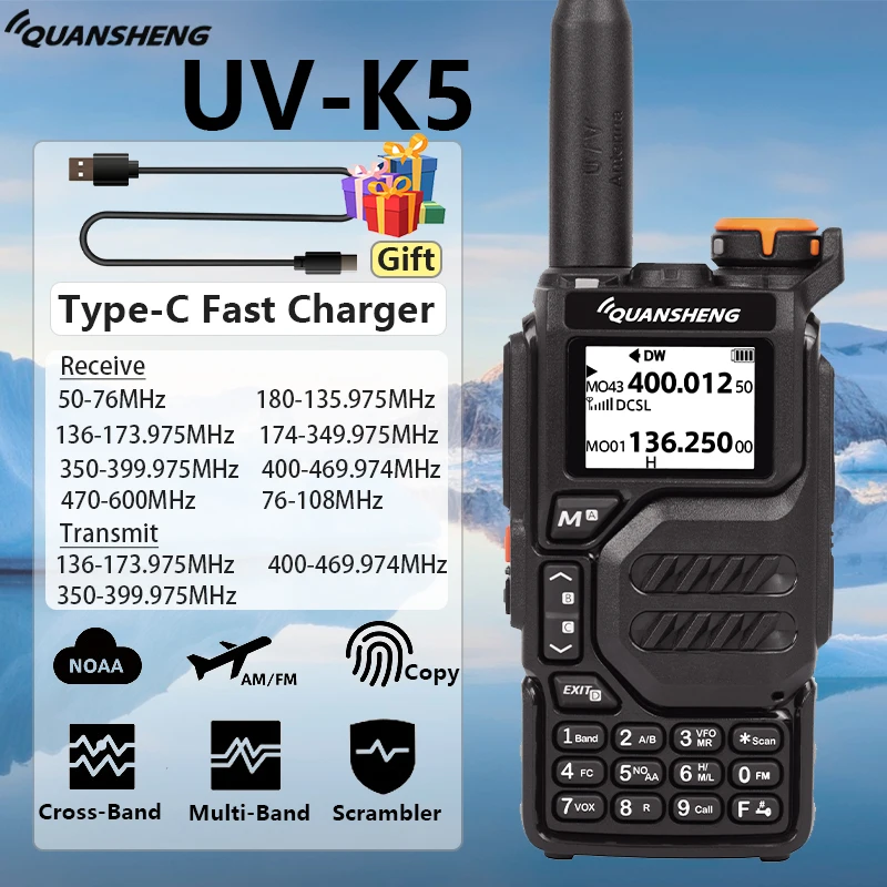 Quansheng UVK5 Walkie Talkie 50-600 MHz banda completa tipo C cargador AM DTMF Scrambler NOAA UVK6 K58 UV-5R Plus FM Ham Radio bidireccional