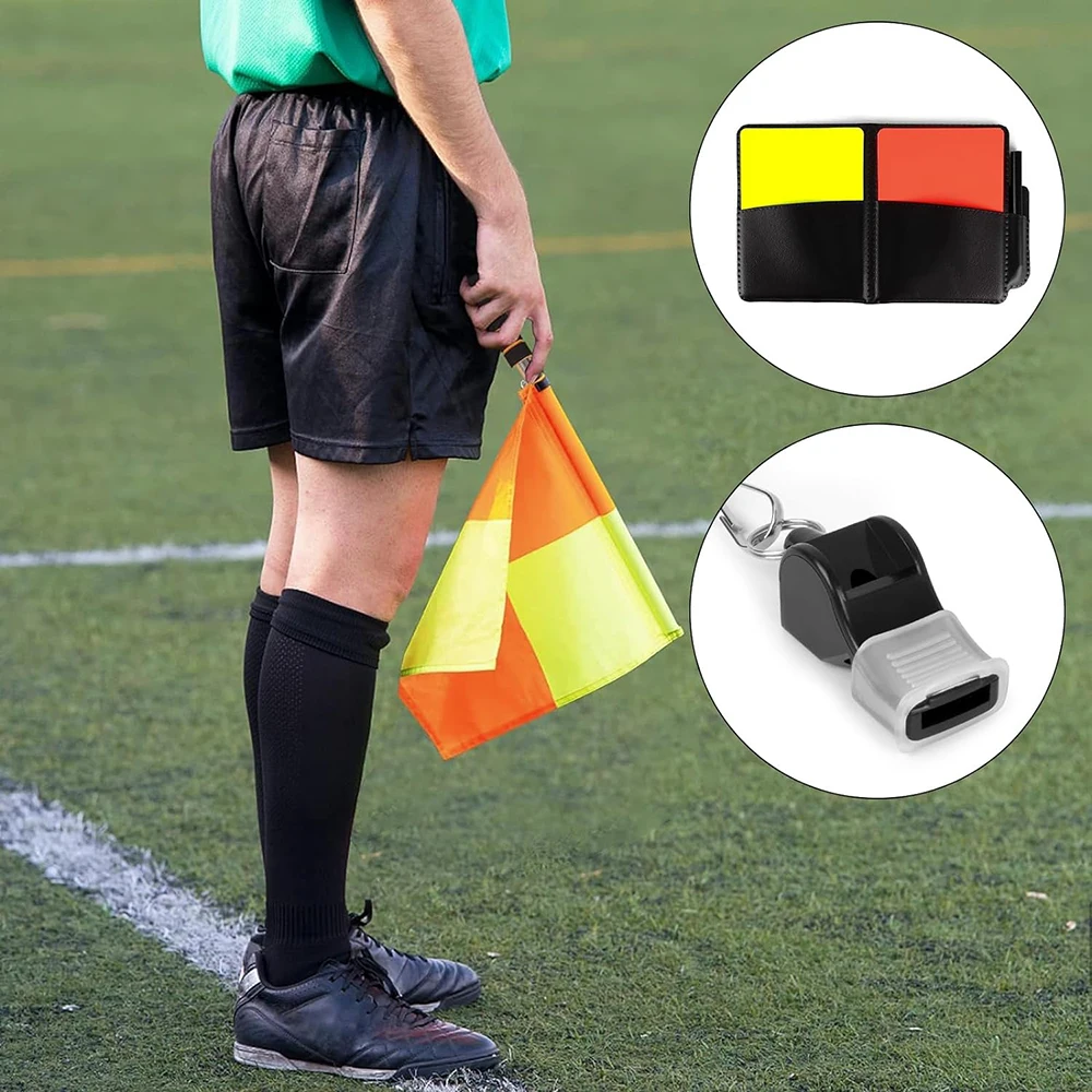 Soccer Referee Flag Set Checkered Linesman Flags Referee Cards with Record Book and Pencil Referee Whistle for Sports Football
