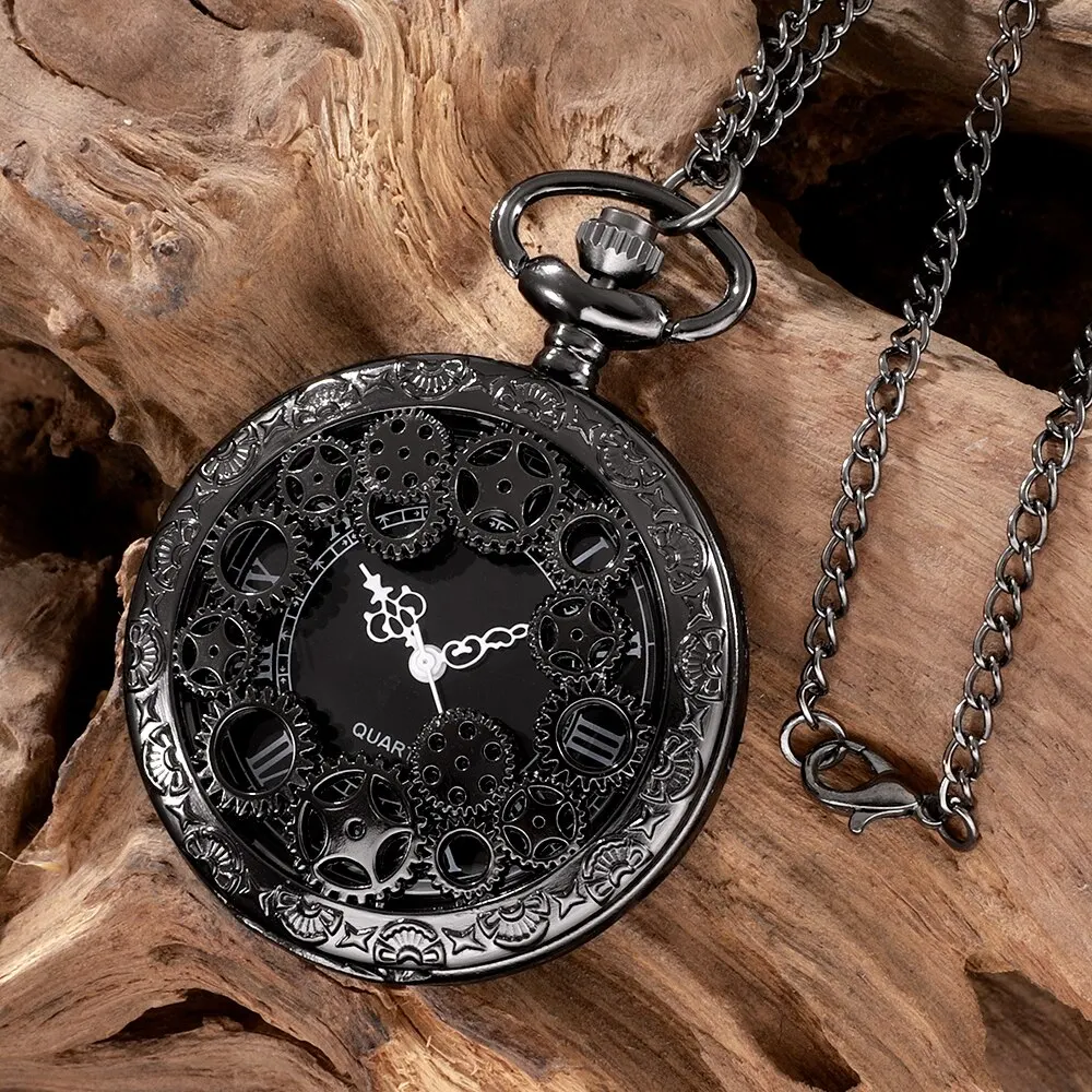 Steampunk Copper Vintage Hollow Gear Oco Quartz Pocket Watch Colar Pingente Relógio Cadeia Homens Mulheres com Corrente Presentes