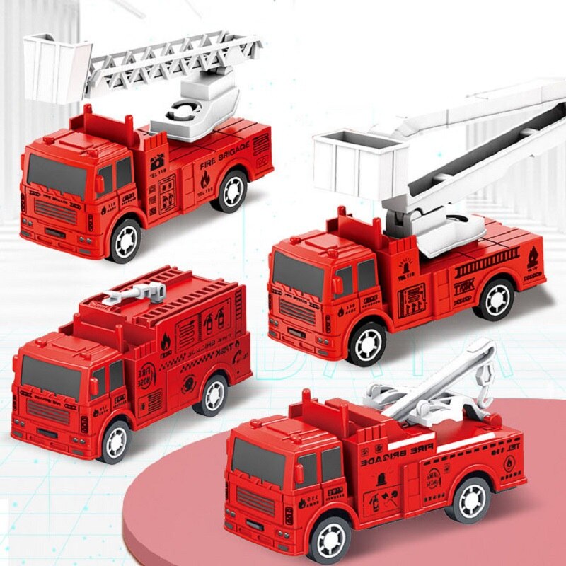 4 Pcs Small Rebound Truck for Children Pull Back Ladder Fire Fighting Toy Car Model Educational Cars