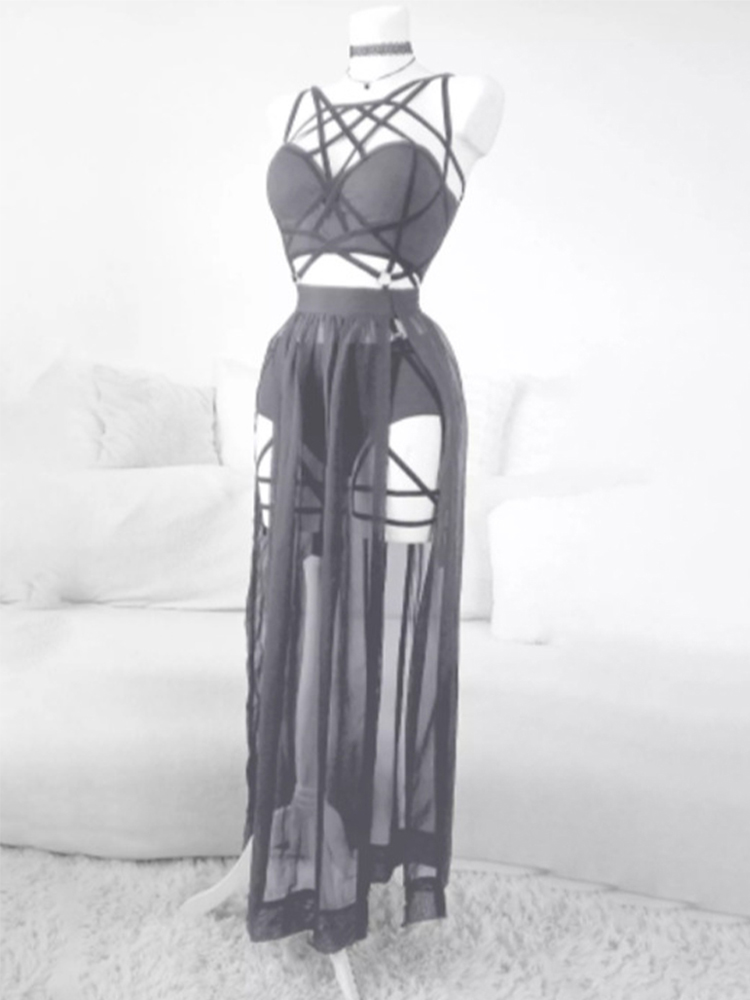 AltGoth-Conjunto de falda Sexy gótica para discoteca para mujer, Tops cortos con espalda descubierta de malla transparente, falda de calzoncillos de cintura alta Emo Alt Punk, 3 uds.