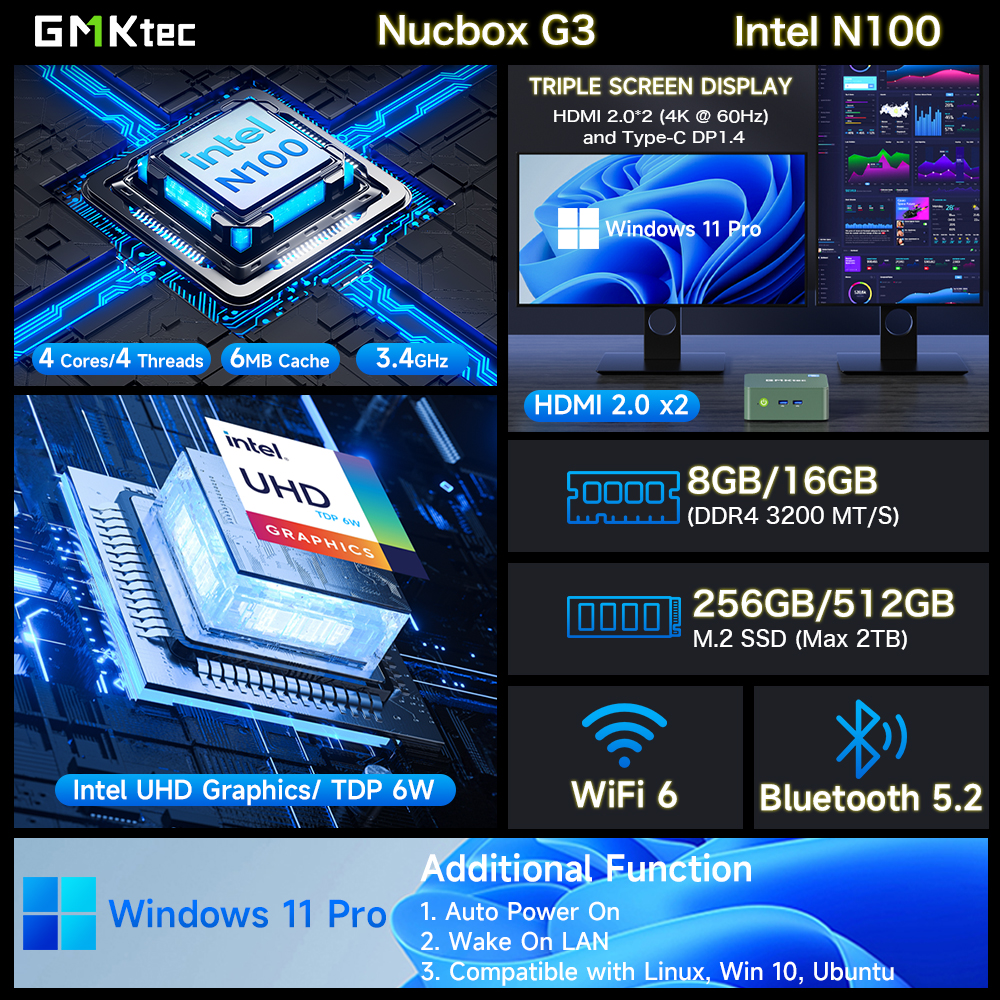 GMKtec-G3 Mini Computador Desktop, Intel, Lago Alder, N100, Windows 11 Pro, 8 GB, 16GB, DDR4, 256, 512GB, PCIe, SSD M.2, WiFi 6, BT5.2