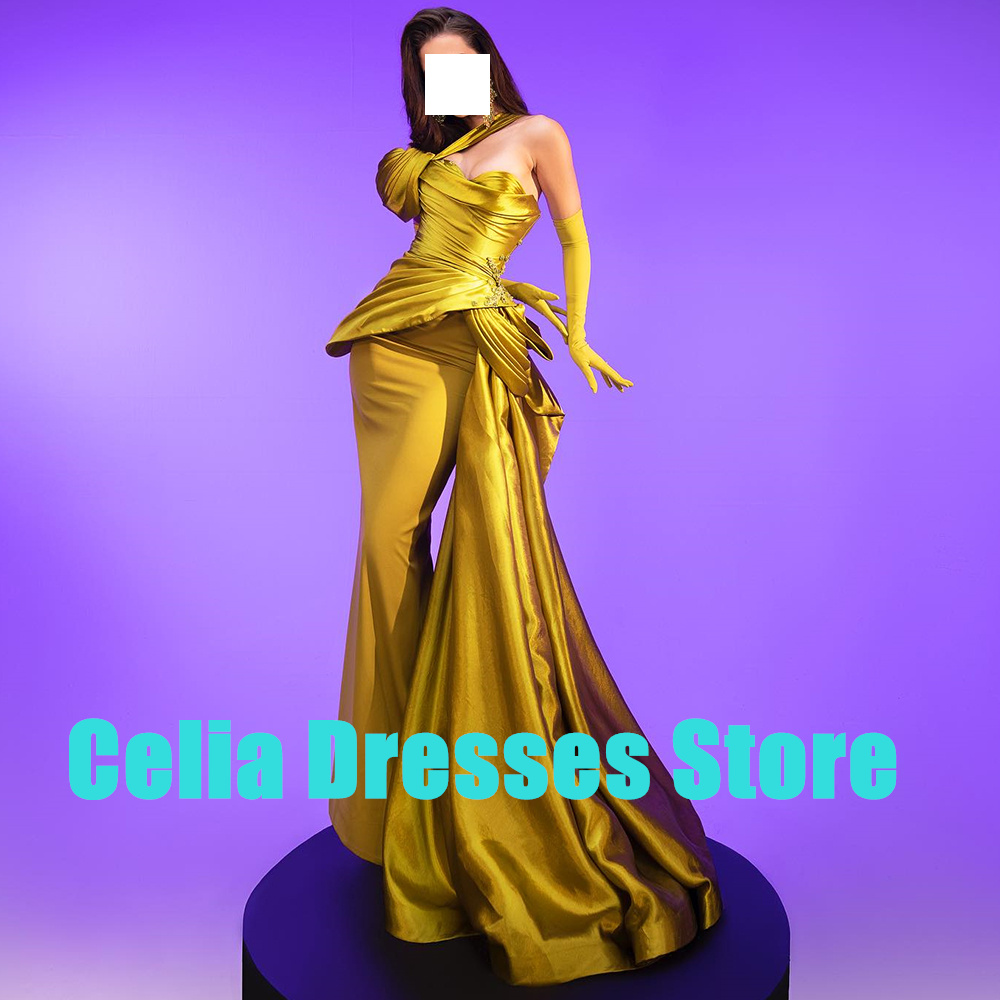 Customized Golden Satin Prom Dress Mermaid Exquisite Lace and Sequined Evening Dress One Shoulder Panel Train Celebrity Gowns