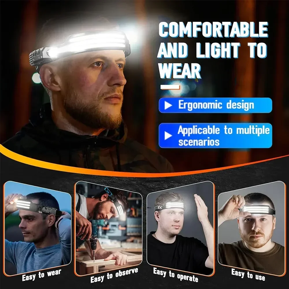 Linterna frontal de inducción COB + linterna LED con batería integrada recargable por USB para exteriores impermeable Camping pesca trabajo linterna ﻿