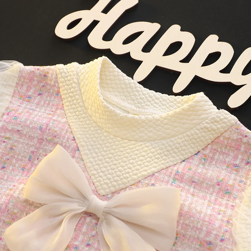 Abiti eleganti per bambini per ragazze Moda Arco Manica lunga Principessa Bambini Festa di compleanno Abito Primavera Morbido Vestiti per bambini Vestito