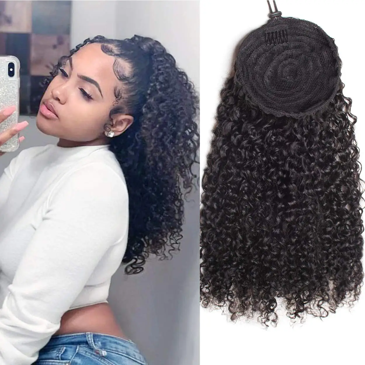 Kinky encaracolado cabelo humano cordão rabo de cavalo 12a brasileiro virgem kinkys encaracolado clipe na extensão rabo de cavalo peças de cabelo humano