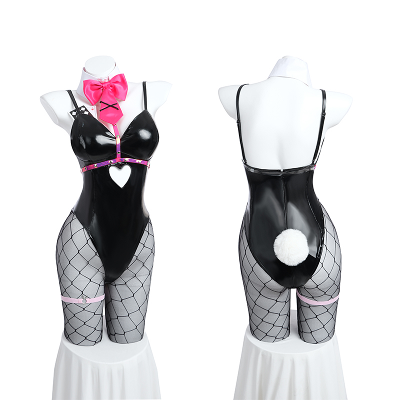 ROLECOS-Disfraz de chica conejito con agujero de conejo para mujer, tela de cuero elástico para el Día de San Valentín, traje de conejito Sexy, monos negros