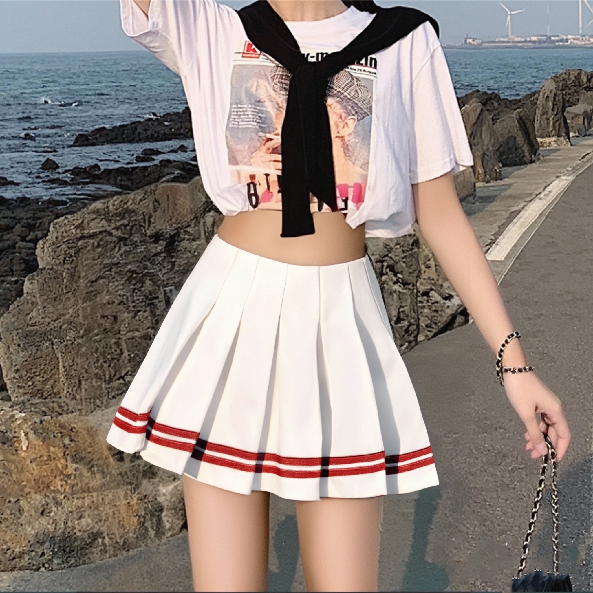 ファッションプレッピースタイルプリーツスカート女性 2025 春夏新 A ラインショートドレススウィートガールハイウエストペッチワークスカートストリート