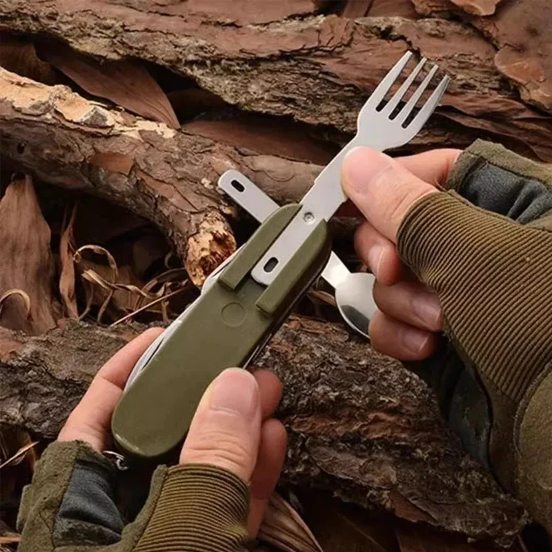 1-10PCS 7-in-1 Multi-Functionalกลางแจ้งสแตนเลสพับส้อมช้อนมีดPicnic Campingเดินป่าบนโต๊ะอาหาร