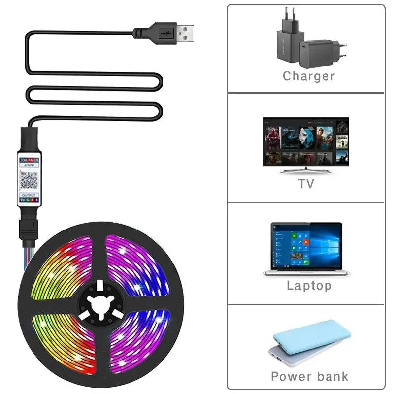 LED Strip Lights RGB 5050 Smart Bluetooth Control Music Sync USB 5V Flexible Led Lamp Tape For Room Party Decor TV Backlight