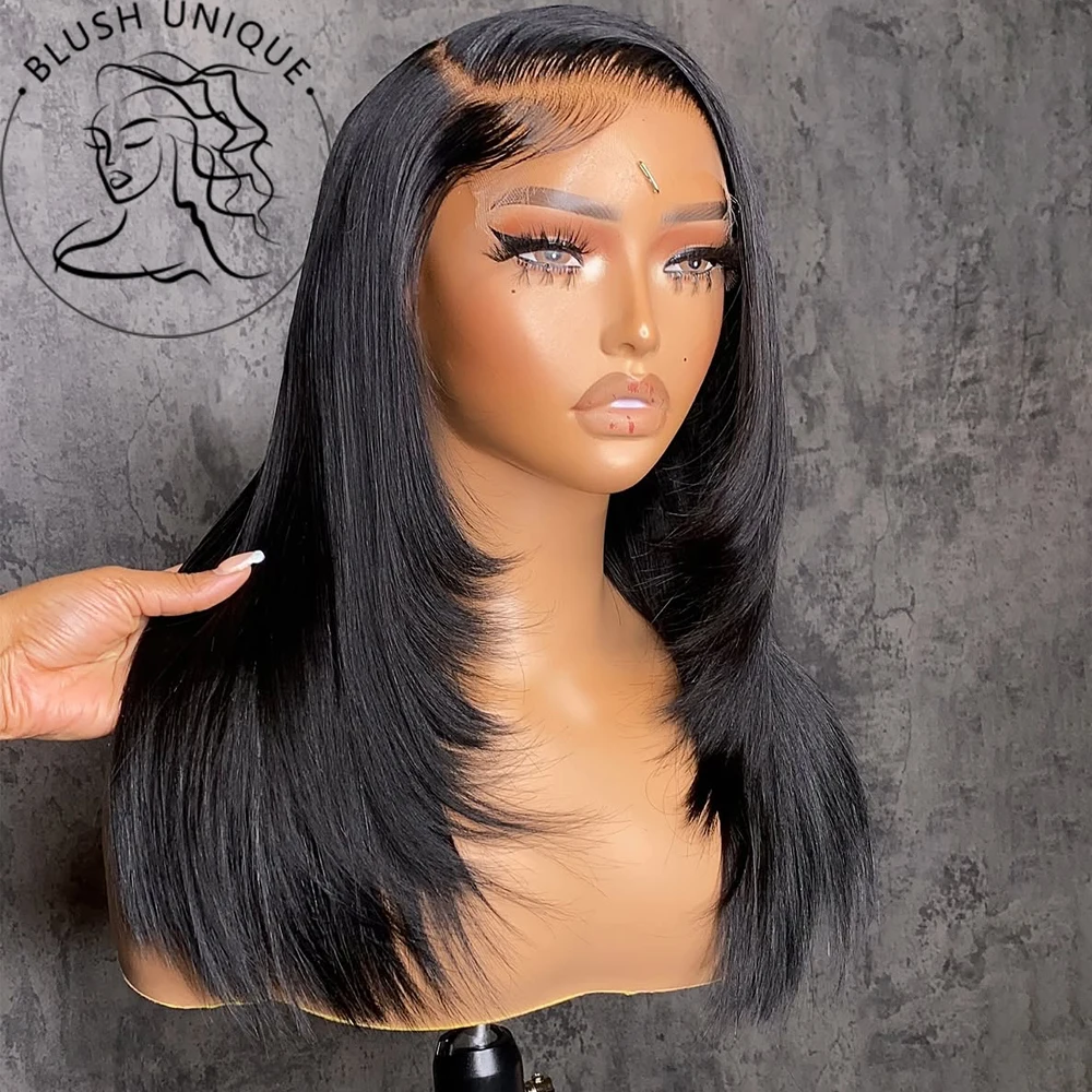 13X6 geschichtete Lace-Front-Perücke, natürliche schwarze gerade Lace-Front-Perücken für schwarze Frauen, synthetische geschichtete Spitzenperücke, leimlose Perücken