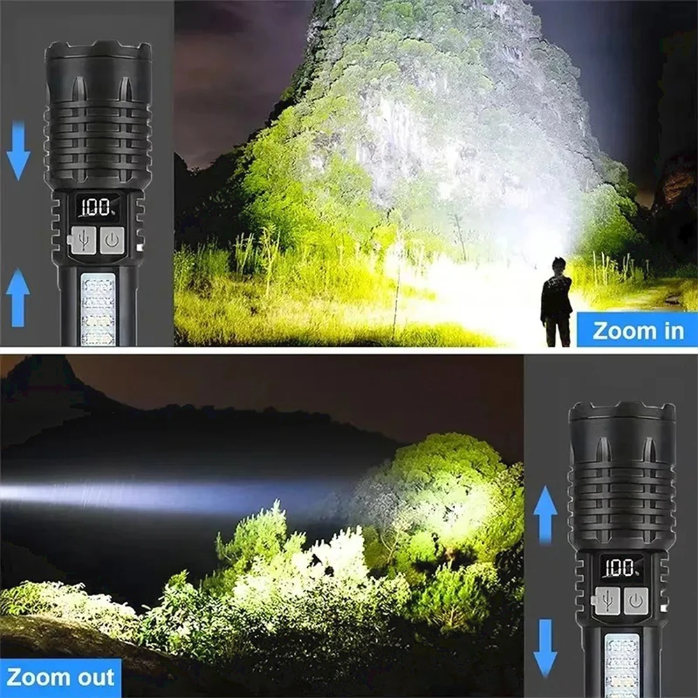 Linterna LED de alta potencia potente linterna COB recargable de TYPE-C con antorcha de luz lateral para acampar al aire libre senderismo