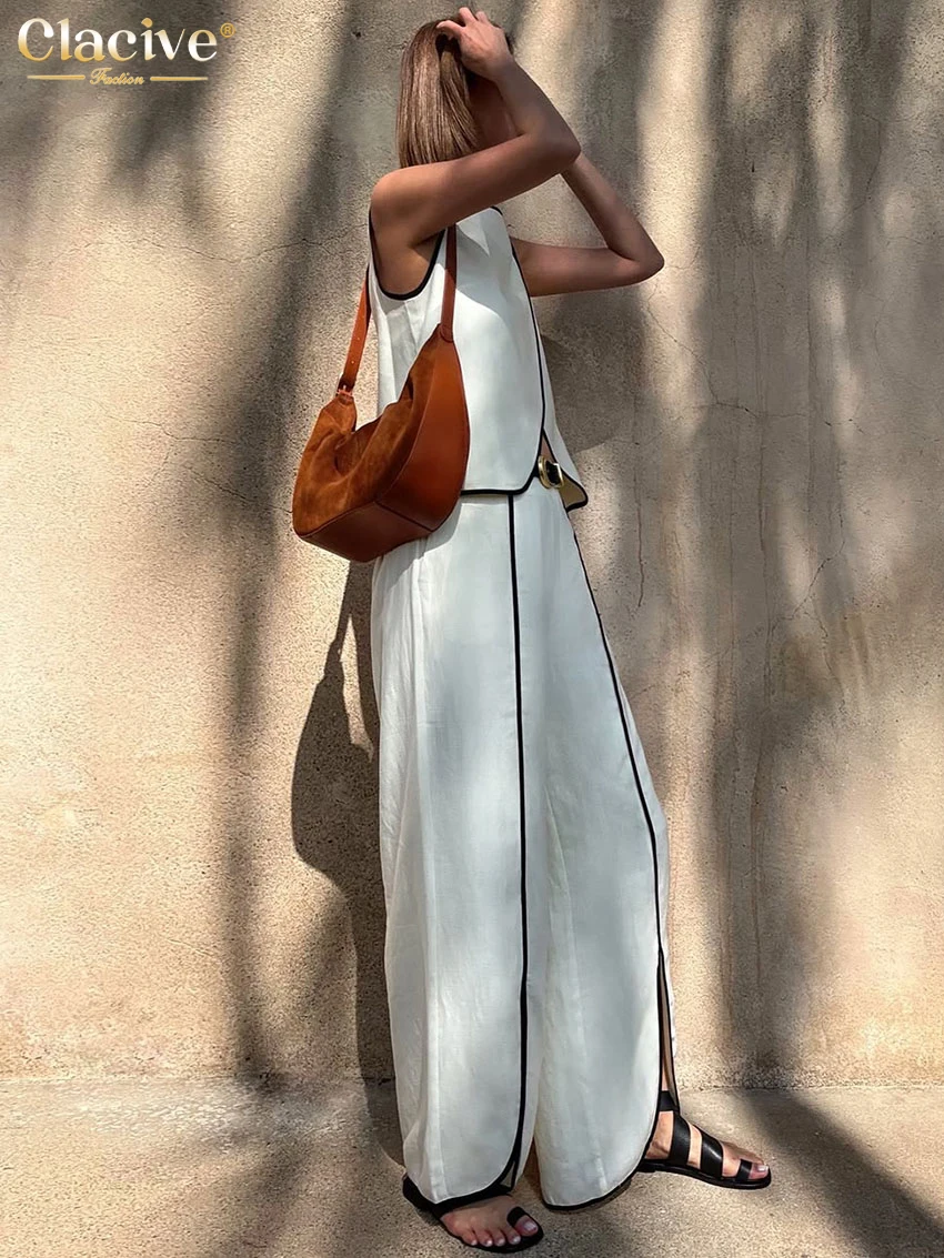 Clacive Sommer-Set, lockere weiße Baumwolle, 2-teiliges Set, Damen-Outfit, 2022, modisches ärmelloses Tank-Top mit hoher Taille, Schlitz und weitem Hosen-Set