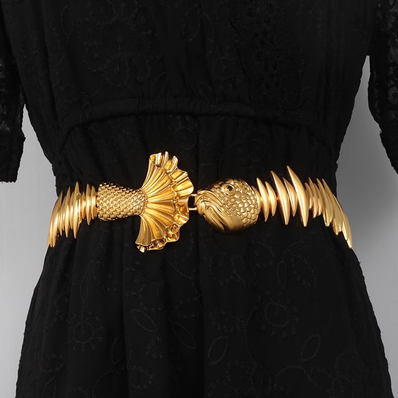Corsé elástico de pez de Metal dorado para mujer, cinturilla de abrigo, cinturón ancho de decoración, J007