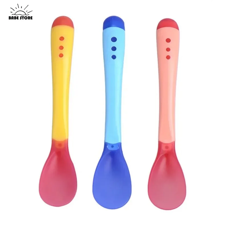 Cuchara para bebé, cuchara sensible al calor con sensor de temperatura, adecuada para alimentación de cabeza de silicona para niños, vajilla para bebé, 1 ud.
